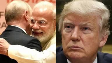 एक तस्वीर जिसमें व्लादिमीर पुतिन और नरेंद्र मोदी गले मिल रहे हैं, और डोनाल्ड ट्रम्प का एक क्लोज-अप शॉट है।