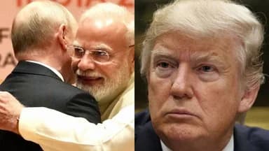 एक तस्वीर जिसमें व्लादिमीर पुतिन और नरेंद्र मोदी गले मिल रहे हैं, और डोनाल्ड ट्रम्प का एक क्लोज-अप शॉट है।